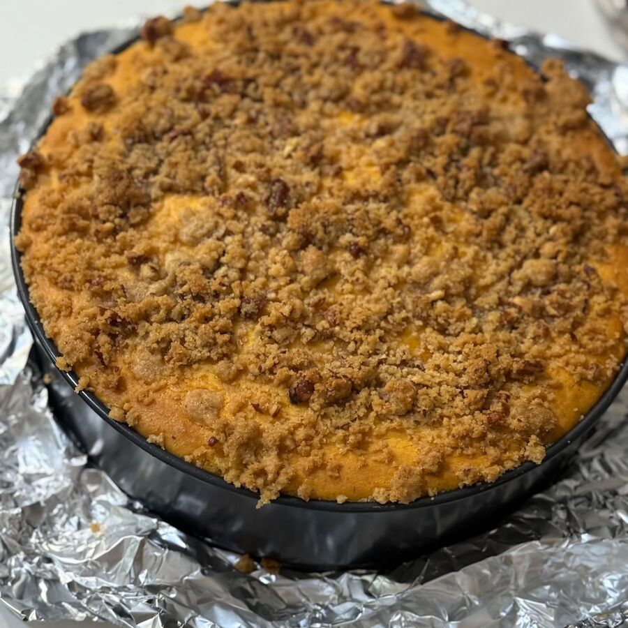 Finished sweet potato cheesecake with pecan streusel